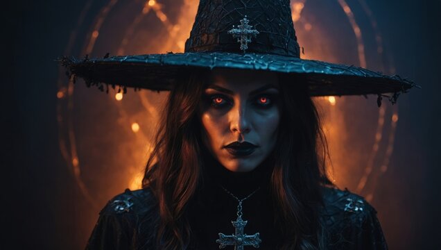 creepy witch with glowing eyes - Powered by Adobe