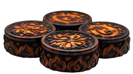 a group of round objects with designs. 