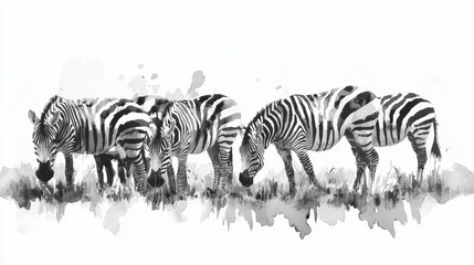 Fototapeta premium A stunning monochrome watercolor illustration of zebras grazing peacefully in a serene landscape.