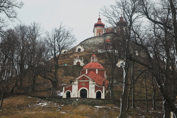 Calvary complex in Banska Stiavnica, Slovakia showcases winter landscape with historical...