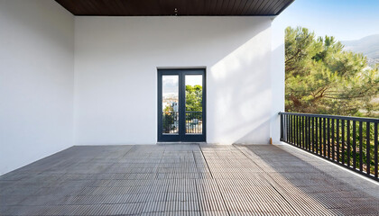 minimalist balcony white walls tiled floor