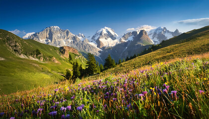 mountain meadow wildflowers peaks distance © Galeno