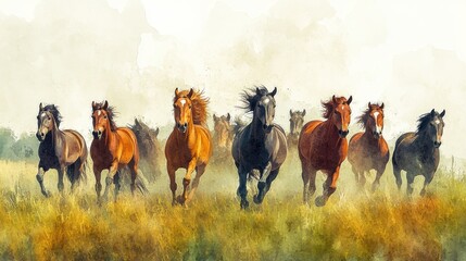 Obraz premium A stunning watercolor illustration of horses galloping through a vibrant field, capturing the beauty and majesty of nature.