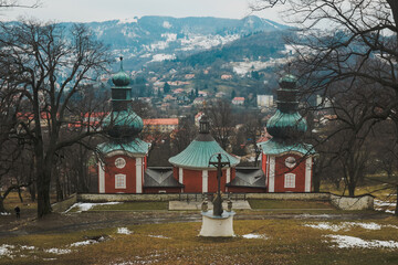 Calvary complex in Banska Stiavnica Slovakia showcasing stunning architecture and serene winter...