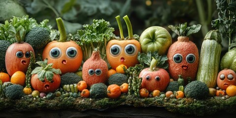 A vibrant cityscape where vegetables and fruits walk around with expressive eyes and charm