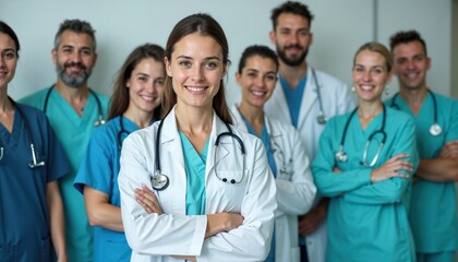 Smiling Doctor Leading a Team of Medical Professionals