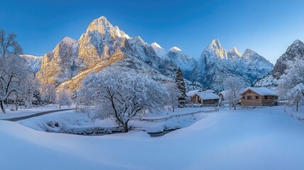 Fototapeta premium Park showcases its stunning winter transformation with snow-laden cliffs and a peaceful road, inviting exploration in a tranquil landscape