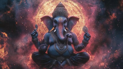 Fototapeta premium A vibrant and mystical depiction of Lord Ganesha, symbol of wisdom and prosperity, surrounded by cosmic energy and colors.