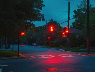 Fototapeta premium Brightly colored reflective traffic signs on a suburban street, ensuring visibility in low light conditions