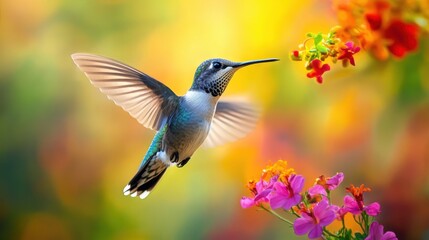 Fototapeta premium A vibrant hummingbird hovering near colorful flowers, showcasing nature's beauty and delicate balance in a serene environment.