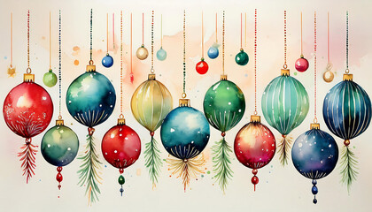 watercolor christmas ornaments hanging representing holiday decor