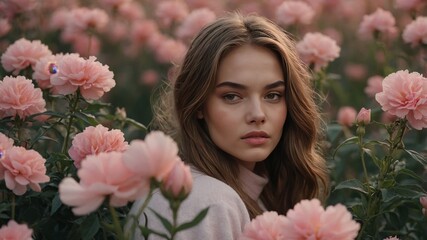 Naklejka premium Young woman with radiant skin among pink flowers