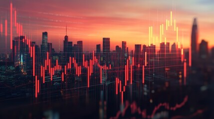 Fototapeta premium A vibrant city skyline with financial charts and graphs overlayed, showcasing the dynamic nature of urban economic growth.
