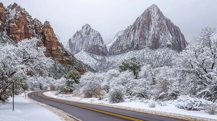 Park showcases its stunning winter transformation with snow-laden cliffs and a peaceful road,...