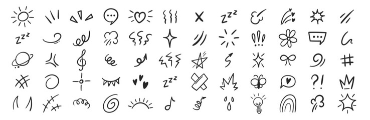 Line movement elements, hearts, sun, arrows and comic hand drawn cartoon icons. Outline vector illustration.