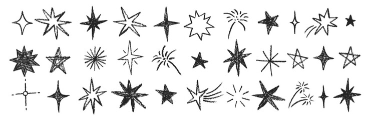 Crayon pencil stars and sparkles doodle set. Twinkle and bling in hand drawn style. Black and white vector illustration. © Arina