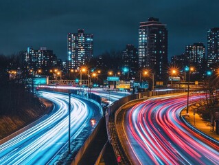 Obraz premium Highway signs lit up at night, with long exposure light trails from cars zooming past, creating a vibrant urban scene