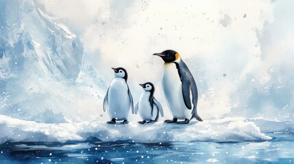 Obraz premium Three adorable penguins stand on an ice floe, surrounded by a serene, snowy landscape, capturing a moment of Arctic beauty.
