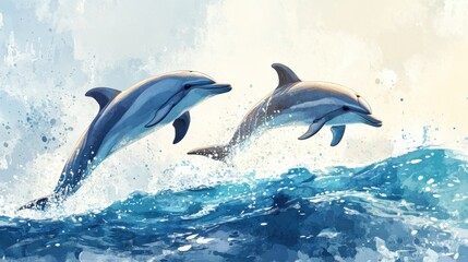 Obraz premium Two dolphins gracefully leaping above vibrant ocean waves, showcasing nature's beauty and playful spirit.