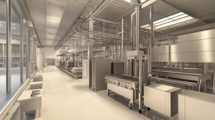 Modern industrial kitchen interior showcasing advanced technology and spacious layout for food processing and preparation.