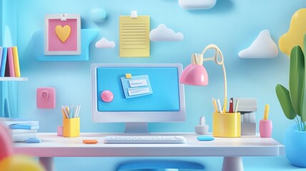 A 3D cartoon-style digital marketplace focused on tools for remote work and study, including animated desks, laptops, books, software icons, and a cozy home office backdrop with colorful decor