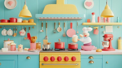 A 3D cartoon-style kitchen scene, with an online store interface selling cookware, utensils, and baking tools, animated chefs trying out new gadgets,