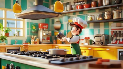 A 3D cartoon-style kitchen scene, with an online store interface selling cookware, utensils, and baking tools, animated chefs trying out new gadgets, colorful kitchen backdrop