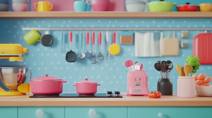 A 3D cartoon-style kitchen scene, with an online store interface selling cookware, utensils, and baking tools, animated chefs trying out new gadgets, colorful kitchen backdrop