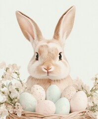 Obraz premium Cute Easter bunny surrounded by decorated Easter eggs and blooming spring flowers sitting in a basket. Banner, postcard with space for copying on Easter theme, packaging of farm products