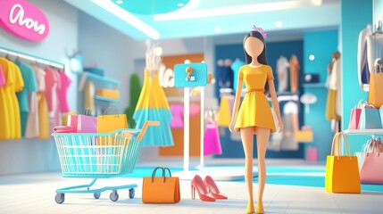 A 3D cartoon-style virtual clothing boutique with a variety of fashionable clothes, shoes, and accessories displayed, animated mannequins wearing the latest trends