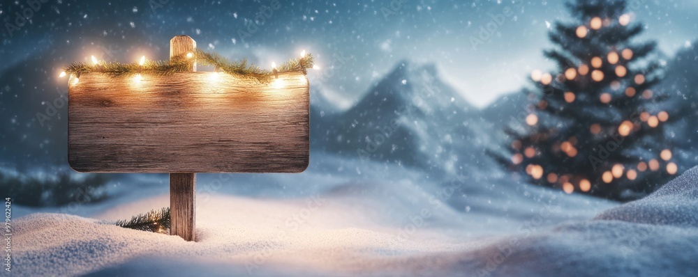 Wall mural Lit wooden signboard in snow-filled landscape at dusk