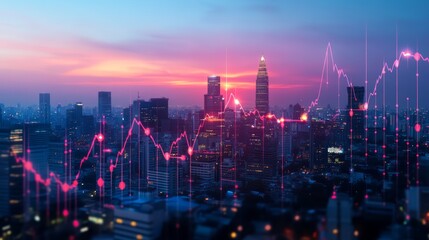 Fototapeta premium Stunning city skyline at sunset with digital graphs, symbolizing finance and technology in a vibrant urban landscape.