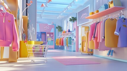 A 3D cartoon-style virtual clothing boutique with a variety of fashionable clothes