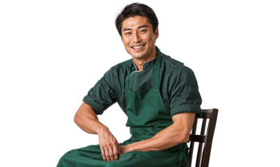 Portrait of a happy waitress man sitting on chairs, smiling food service worker, isolated on transparent background