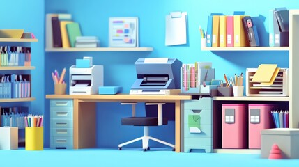 Fototapeta premium Cartoon 3D style of an online store specializing in office supplies, with animated desks, stationery items, printers, and organizers, and a digital workspace environment