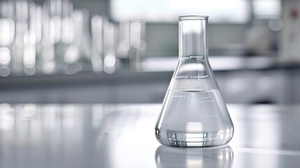 Close-up of glass beaker with clear liquid and floating indicator showing high lead levels, set on white countertop with copy space for text or design.