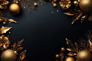 Golden holiday decorations lying around black background.