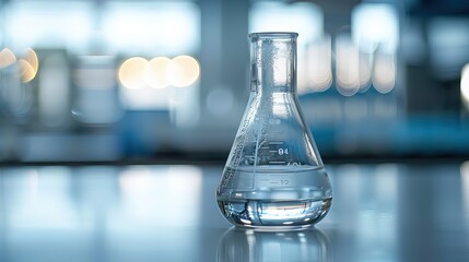 Close-up of glass beaker with clear liquid and floating indicator showing high lead levels, set on white countertop with copy space for text or design.