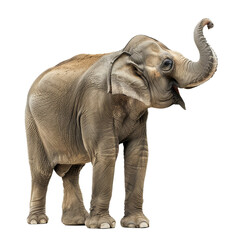Obraz premium Young indian elephant raising its trunk while standing on a white background