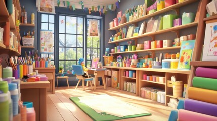 3D cartoon-style digital craft store, filled with supplies like paints, brushes, fabrics, and scrapbooking materials, with animated characters making creative projects