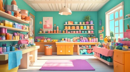 3D cartoon-style digital craft store, filled with supplies like paints, brushes, fabrics, and scrapbooking materials, with animated characters making creative projects