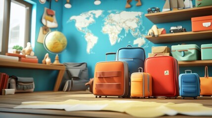 3D cartoon-style scene of an online shop selling travel gear, including luggage, backpacks, travel pillows, and accessories, with animated globes and maps in the background