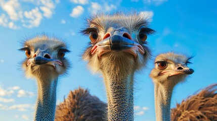 Close-up of ostrich heads. A bird with a long neck, big eyes and long beautiful eyelashes