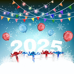 Christmas gifts and ornaments 2025 with snow flexes on winter stage background

