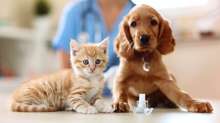 Vet examining dog and cat. Puppy and kitten at veterinarian doctor. Animal clinic. Pet check up and vaccination