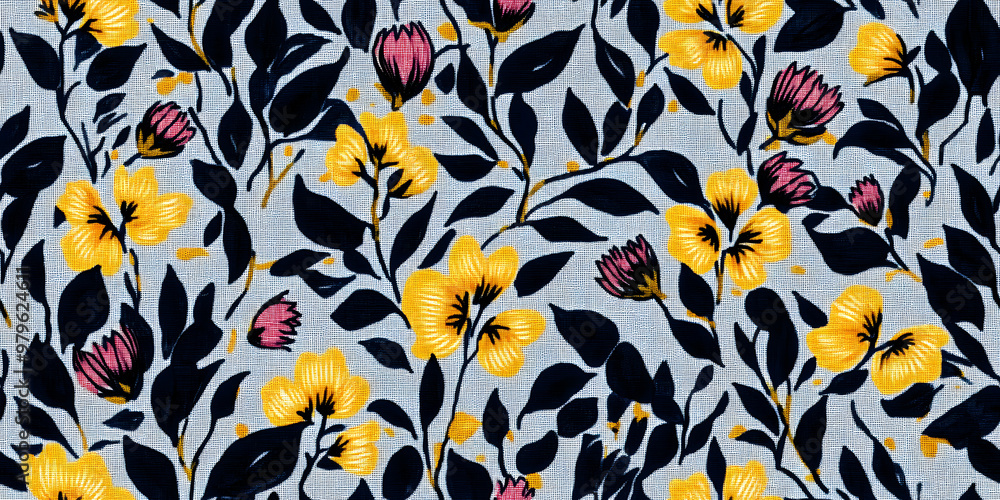 Poster modern printed fabric flower block print pattern with linen texture effect. stylized boho dark flora