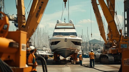 Yacht transport in a busy marina, with cranes and workers ensuring the yachts are safely loaded