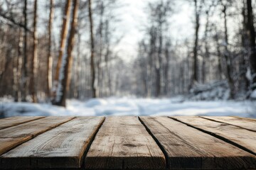 Fototapeta premium Empty wooden table amidst a snowy wooded landscape.