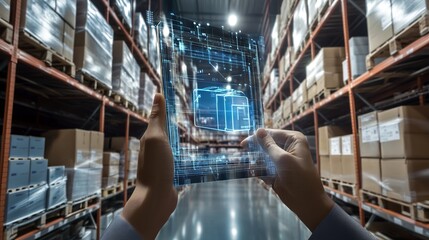 Smart warehouse management system identify package picking and delivery . Future concept of supply chain and logistic business 