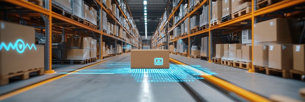 Smart warehouse management system identify package picking and delivery . Future concept of supply chain and logistic business 